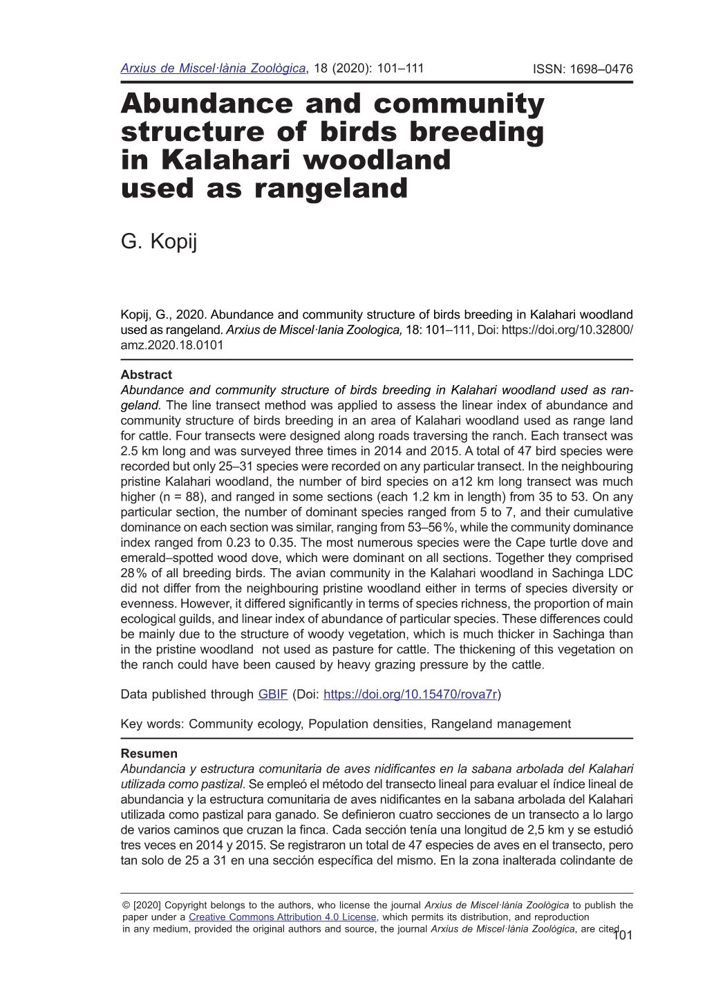 Abundance and Community Structure of Birds Breeding in Kalahari Woodland Used As Rangeland