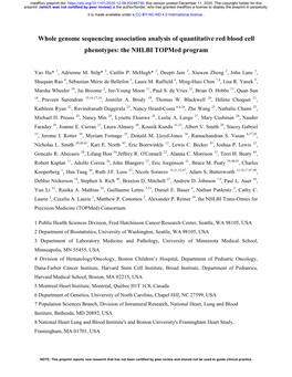 Whole Genome Sequencing Association Analysis of Quantitative Red Blood Cell Phenotypes: the NHLBI Topmed Program