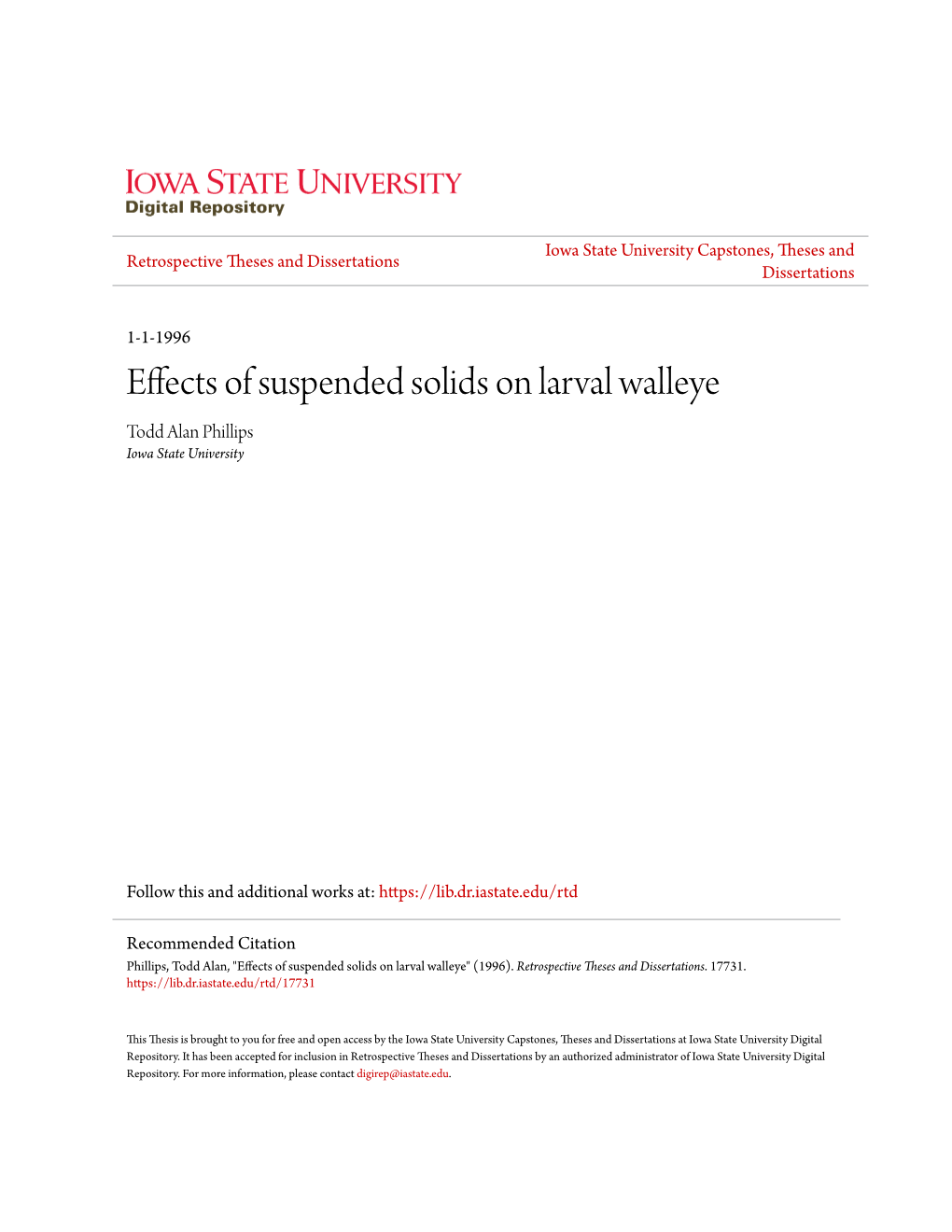 Effects of Suspended Solids on Larval Walleye Todd Alan Phillips Iowa State University