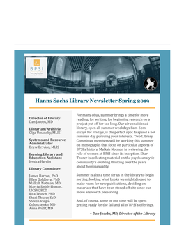 Hanns Sachs Library Newsletter Spring 2019
