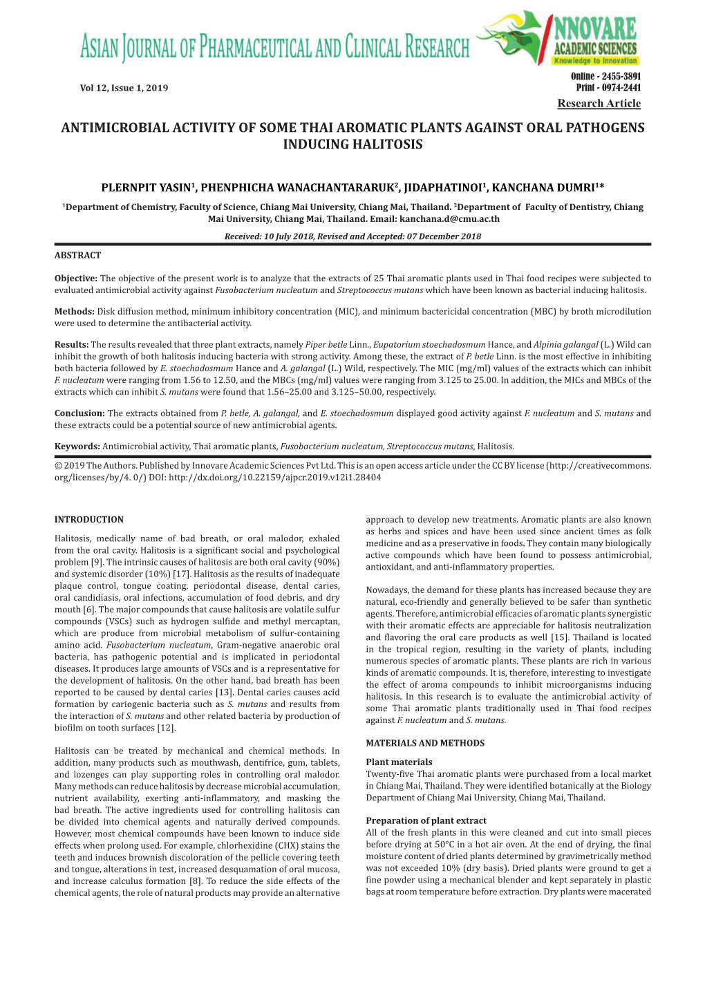 Antimicrobial Activity of Some Thai Aromatic Plants Against Oral Pathogens Inducing Halitosis