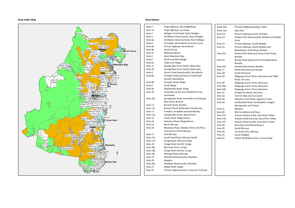 Area Index Map Area Names Area 1 Area 22A Princes Highway (East), Coila Area