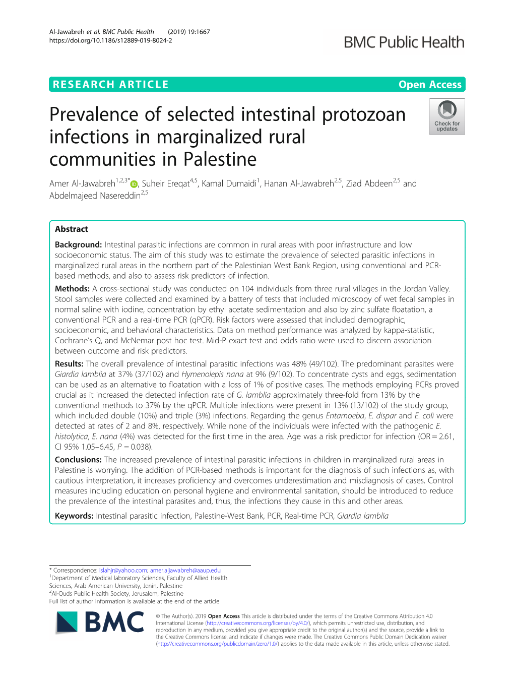 Prevalence of Selected Intestinal Protozoan Infections In