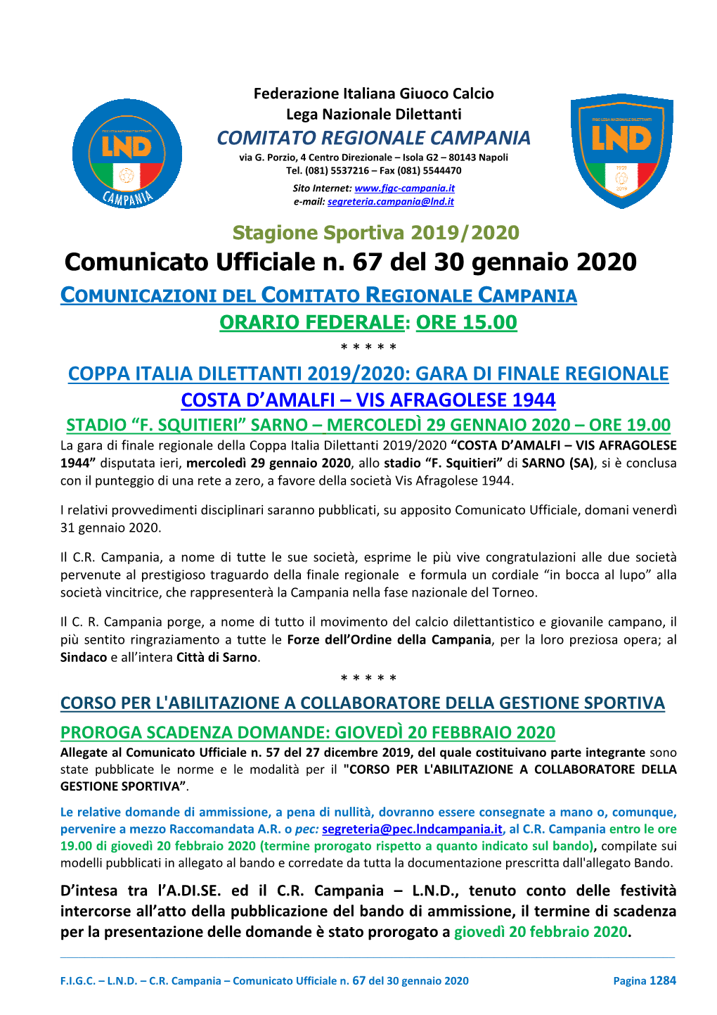 Comunicato Ufficiale N. 67 Del 30 Gennaio 2020