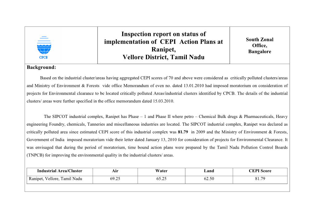 Inspection Report on Status of Implementation of CEPI Action Plans at South Zonal Office, Ranipet, Bangalore Vellore District, Tamil Nadu