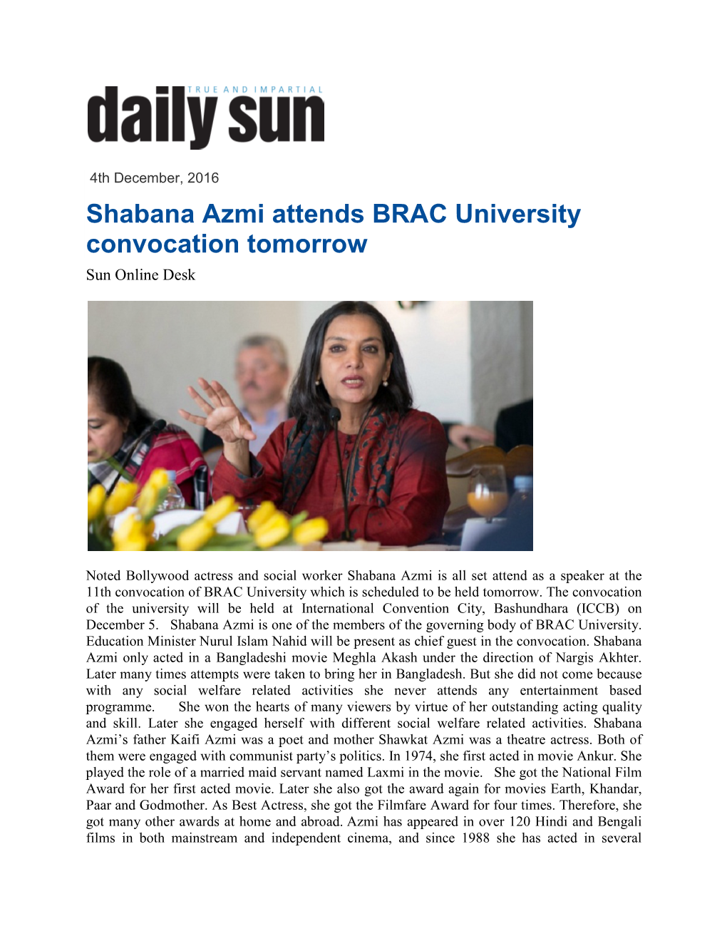 Shabana Azmi Attends BRAC University Convocation Tomorrow Sun Online Desk