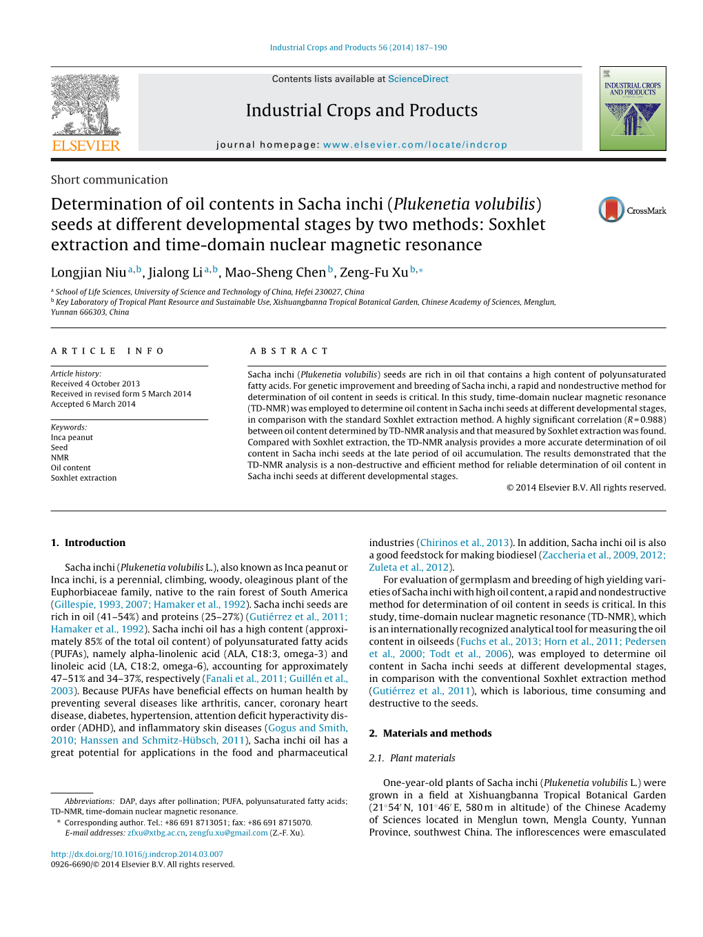 Determination of Oil Contents in Sacha Inchi (Plukenetia Volubilis)