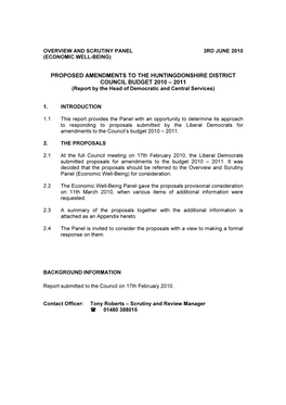 PROPOSED AMENDMENTS to the HUNTINGDONSHIRE DISTRICT COUNCIL BUDGET 2010 – 2011 (Report by the Head of Democratic and Central Services)