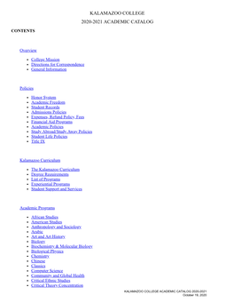 Kalamazoo College 2020-21 Academic Catalog