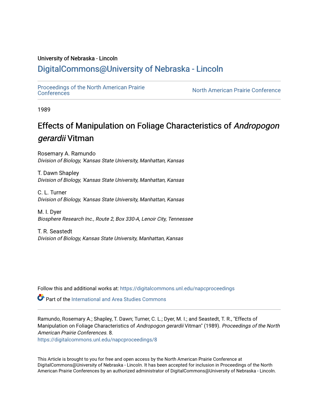 Effects of Manipulation on Foliage Characteristics of Andropogon Gerardii Vitman