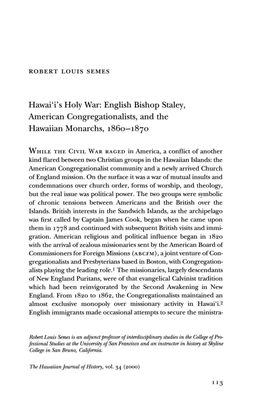 Hawai'i's Holy War: English Bishop Staley, American Congregationalists, and the Hawaiian Monarchs, 1860-1870