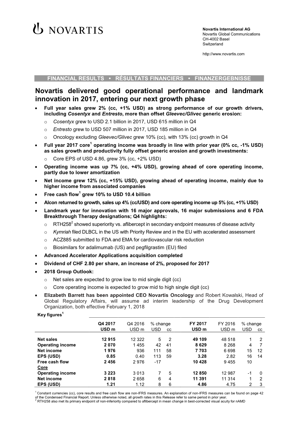 Q4 2017 Media Release