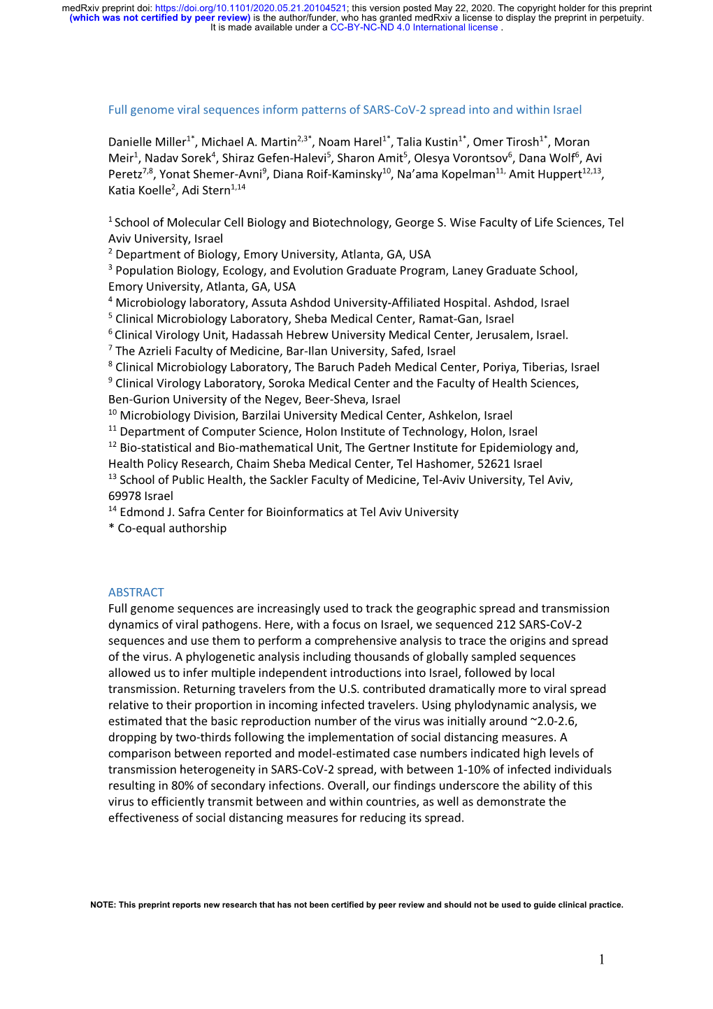 Full Genome Viral Sequences Inform Patterns of SARS-Cov-2 Spread Into and Within Israel