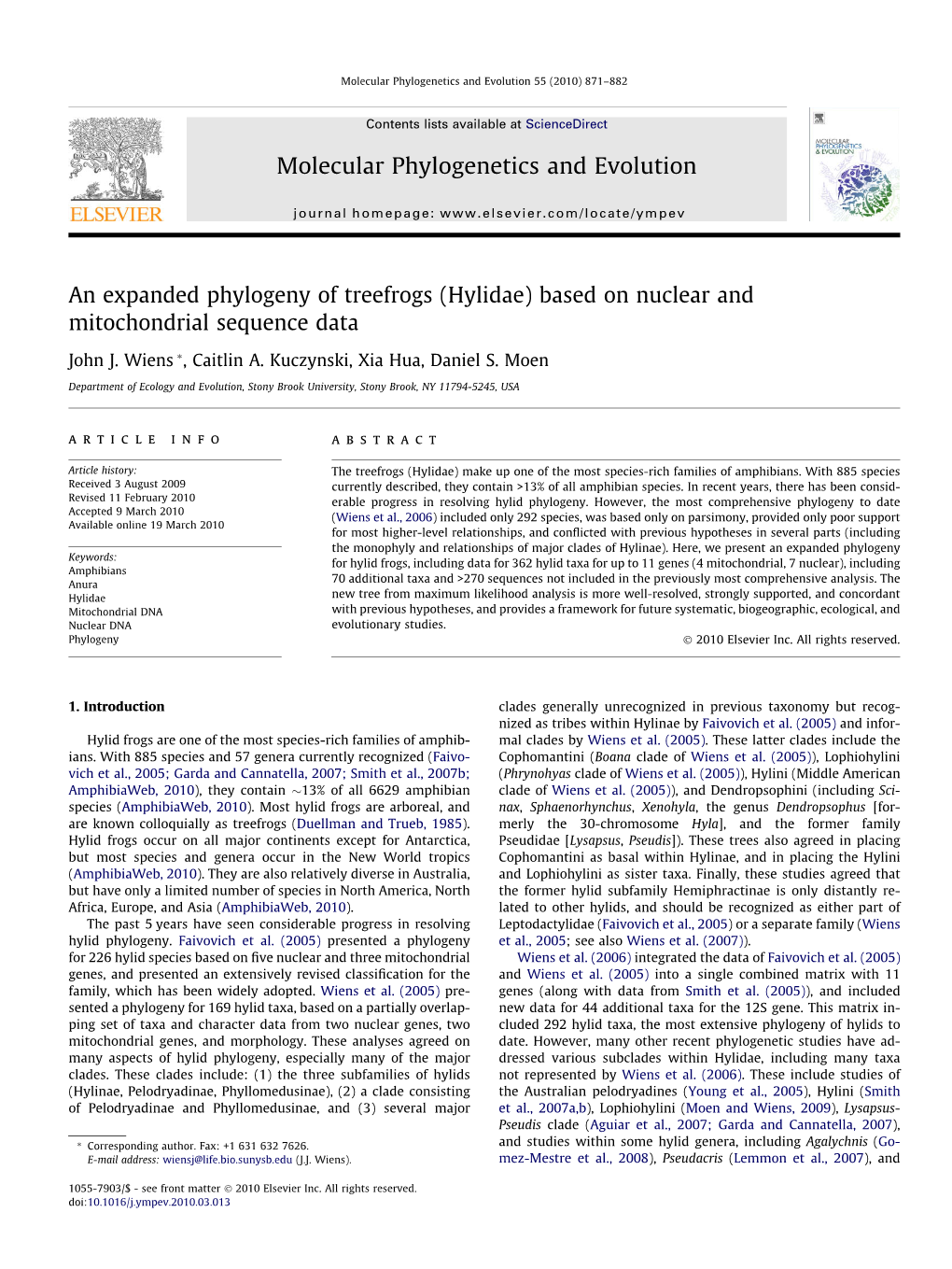 An Expanded Phylogeny of Treefrogs (Hylidae) Based on Nuclear and Mitochondrial Sequence Data