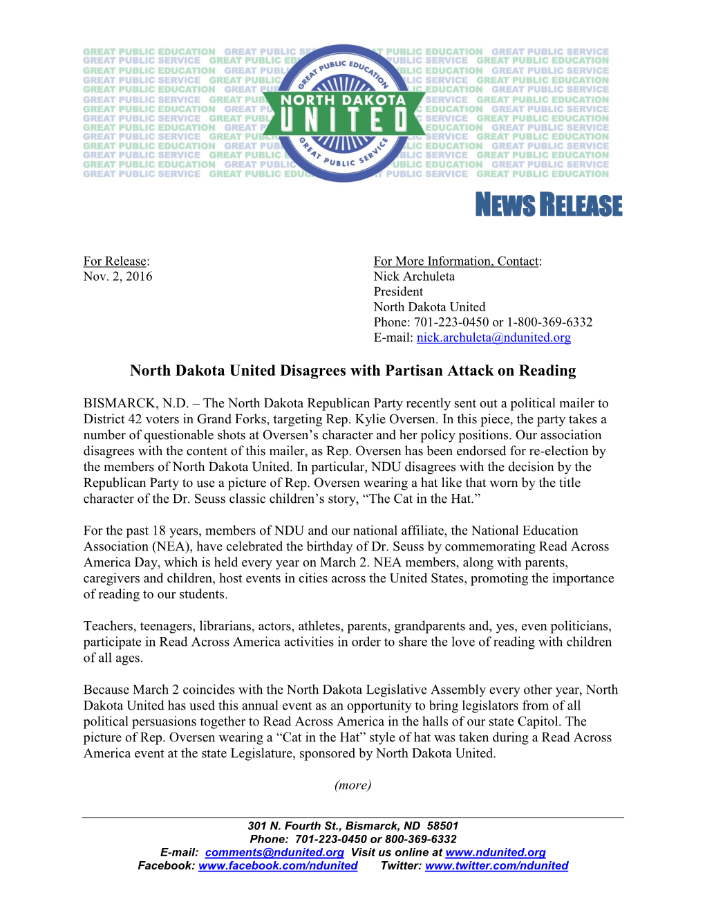 North Dakota United Disagrees with Partisan Attack on Reading