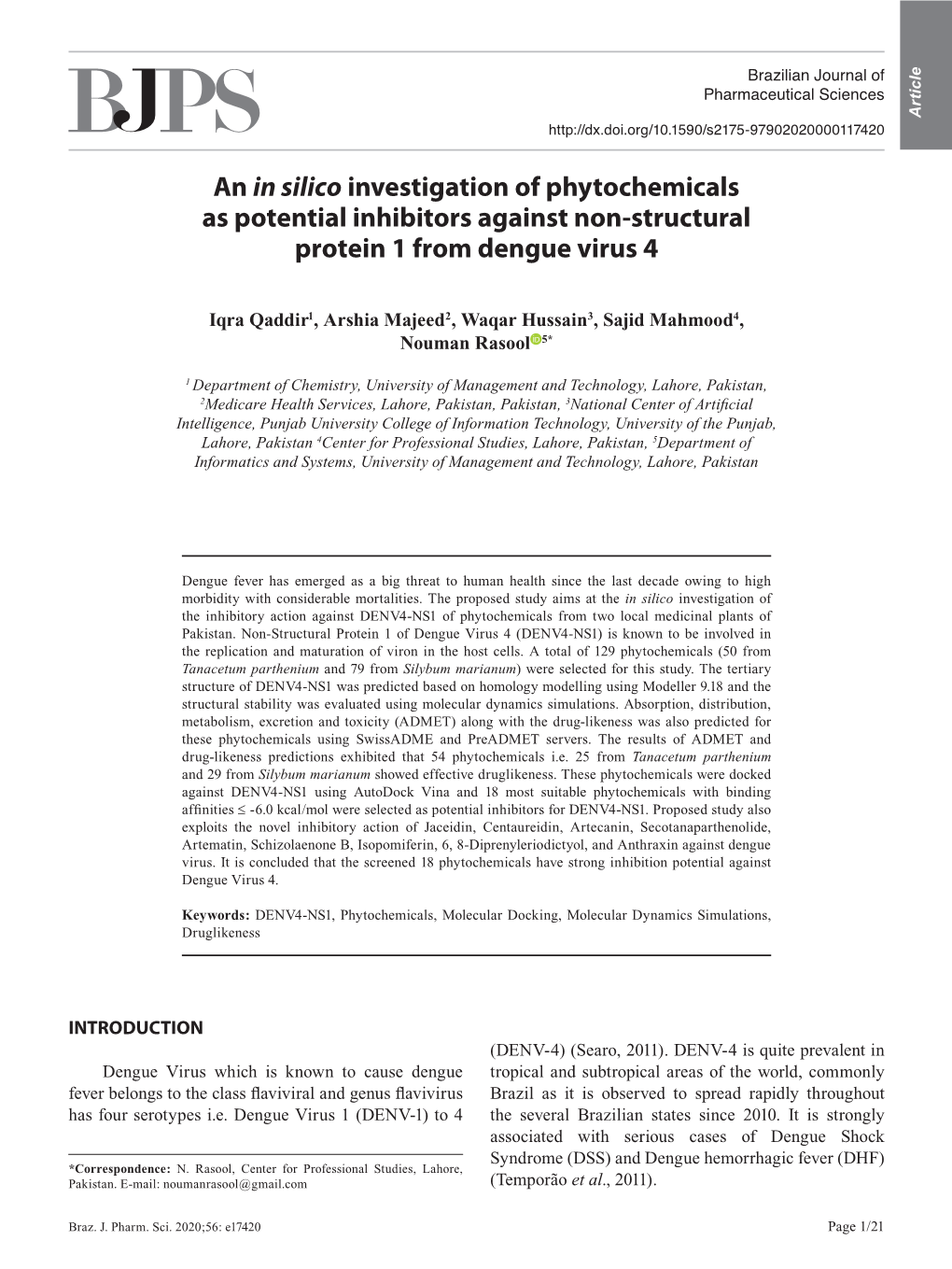 An in Silico Investigation of Phytochemicals As Potential Inhibitors Against Non-Structural Protein 1 from Dengue Virus 4