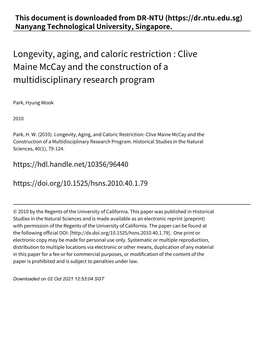 Longevity, Aging, and Caloric Restriction : Clive Maine Mccay and the Construction of a Multidisciplinary Research Program