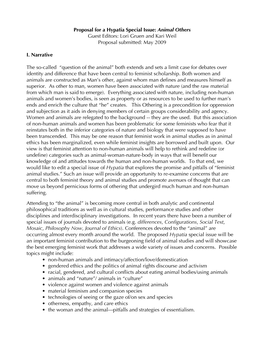 Proposal for a Hypatia Special Issue: Animal Others Guest Editors: Lori Gruen and Kari Weil Proposal Submitted: May 2009
