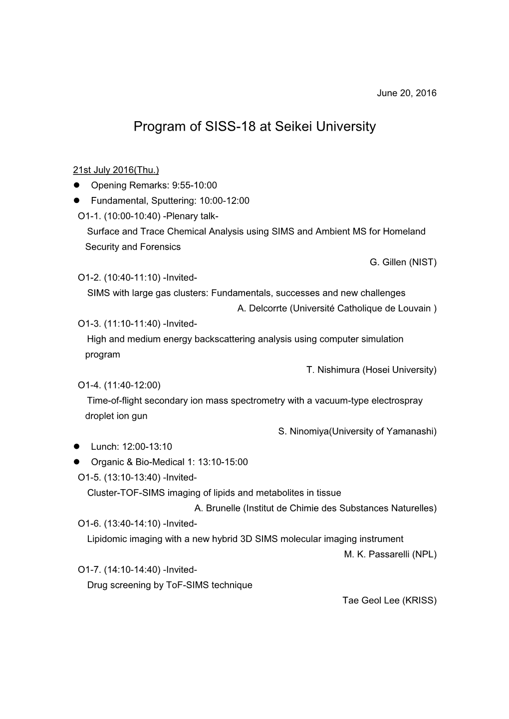 Program of SISS-18 at Seikei University