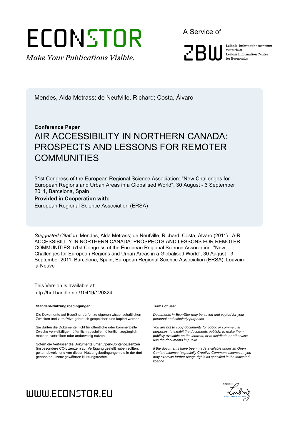 Air Accessibility in Northern Canada: Prospects and Lessons for Remoter Communities