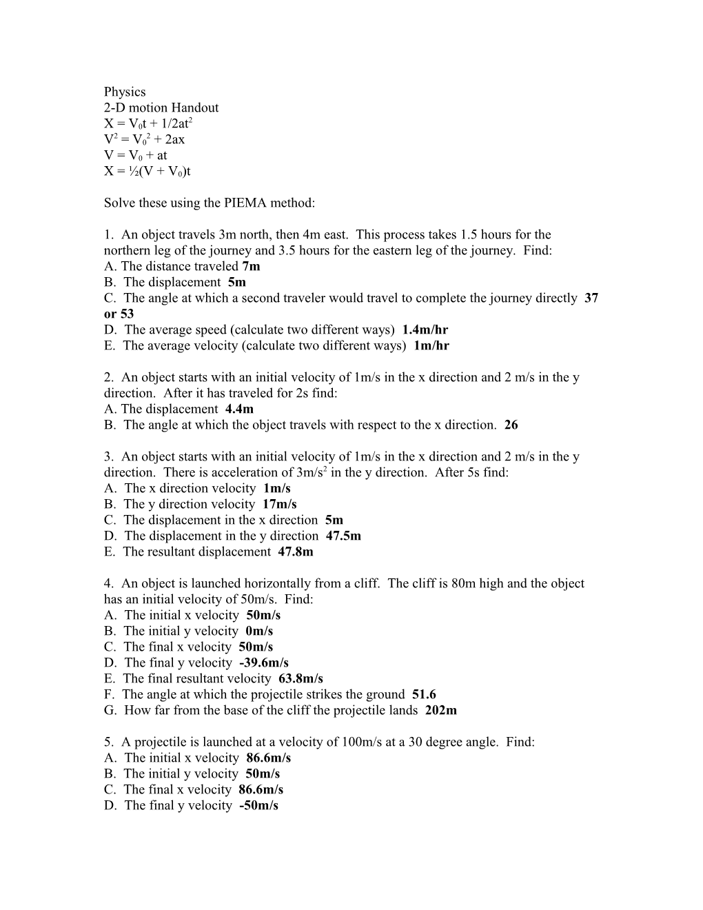 Physics Exercises (2-D Motion Handout)