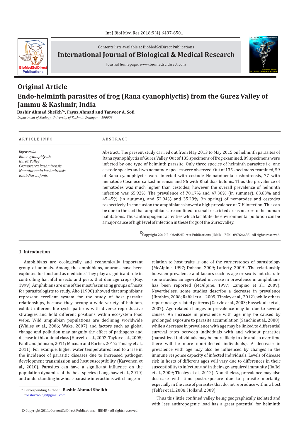 Endohelminth Parasites of Frog (Rana Cyanophlyctis) from the Gurez