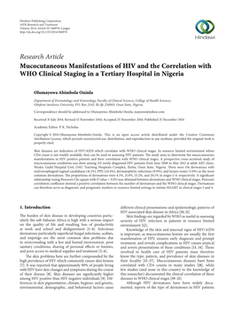 Research Article Mucocutaneous Manifestations of HIV and the Correlation with WHO Clinical Staging in a Tertiary Hospital in Nigeria