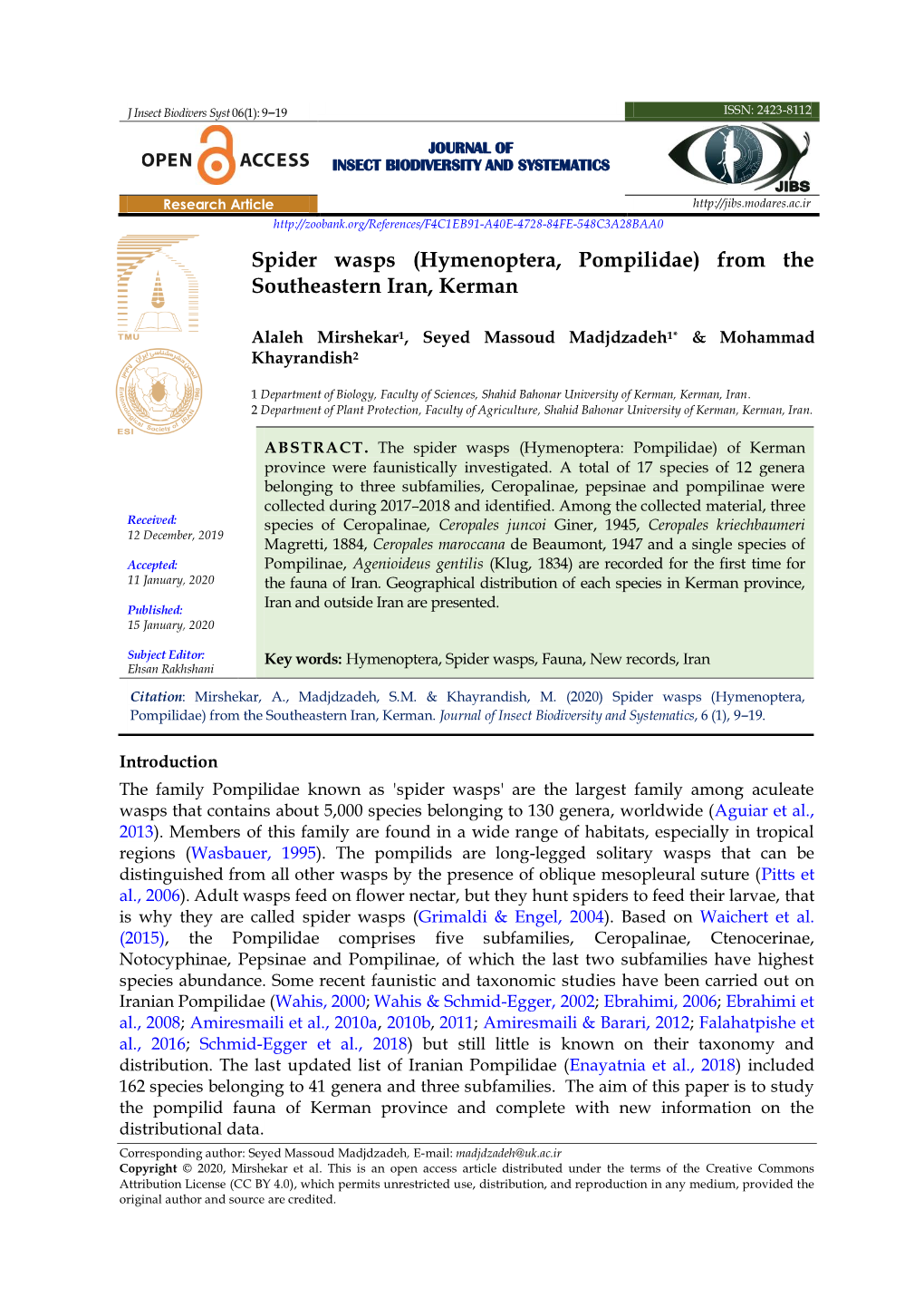 Spider Wasps (Hymenoptera, Pompilidae) from the Southeastern Iran, Kerman