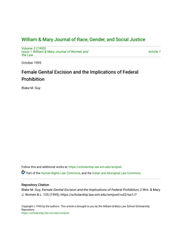 Female Genital Excision and the Implications of Federal Prohibition