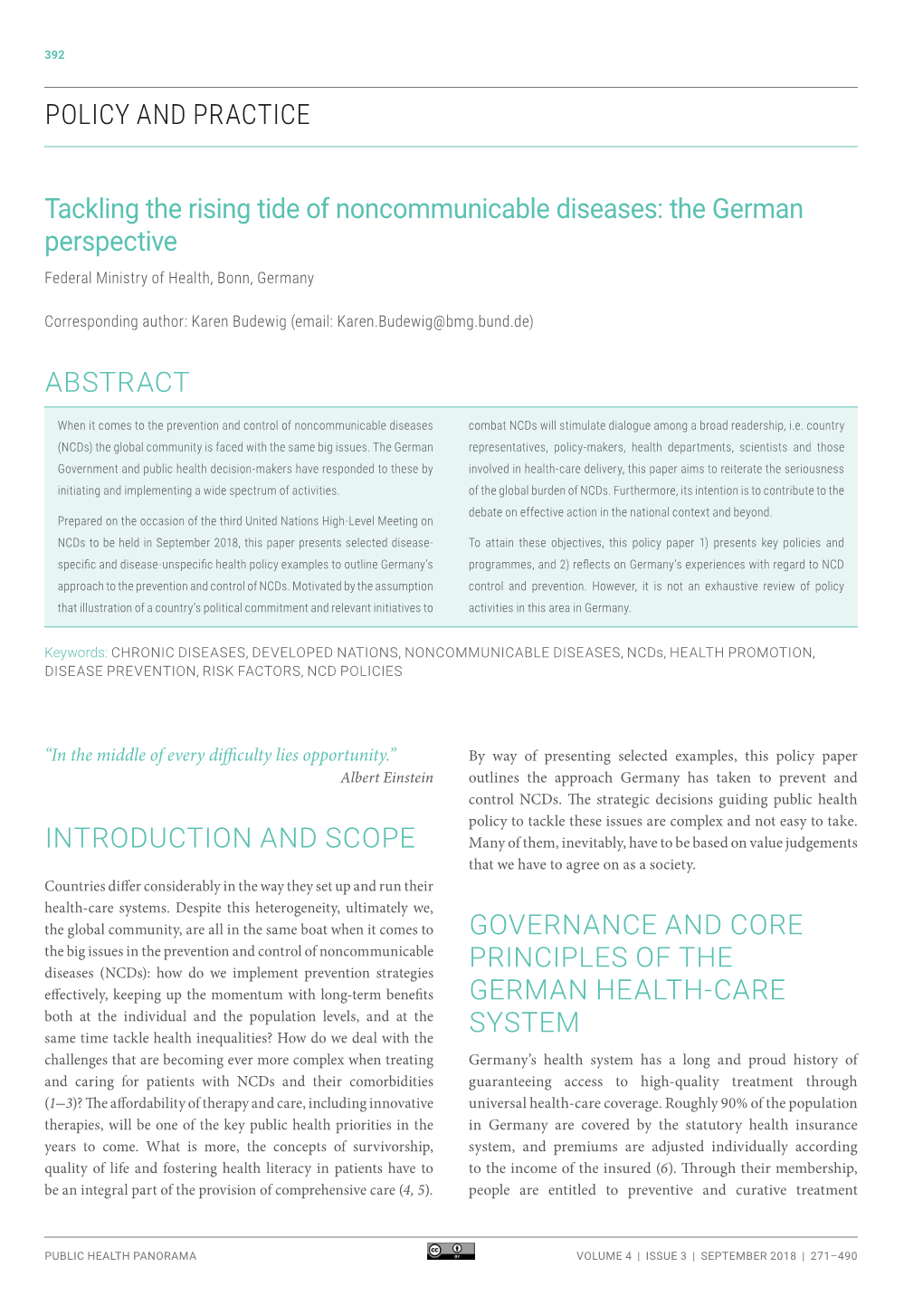 Tackling the Rising Tide of Noncommunicable Diseases: the German Perspective Federal Ministry of Health, Bonn, Germany