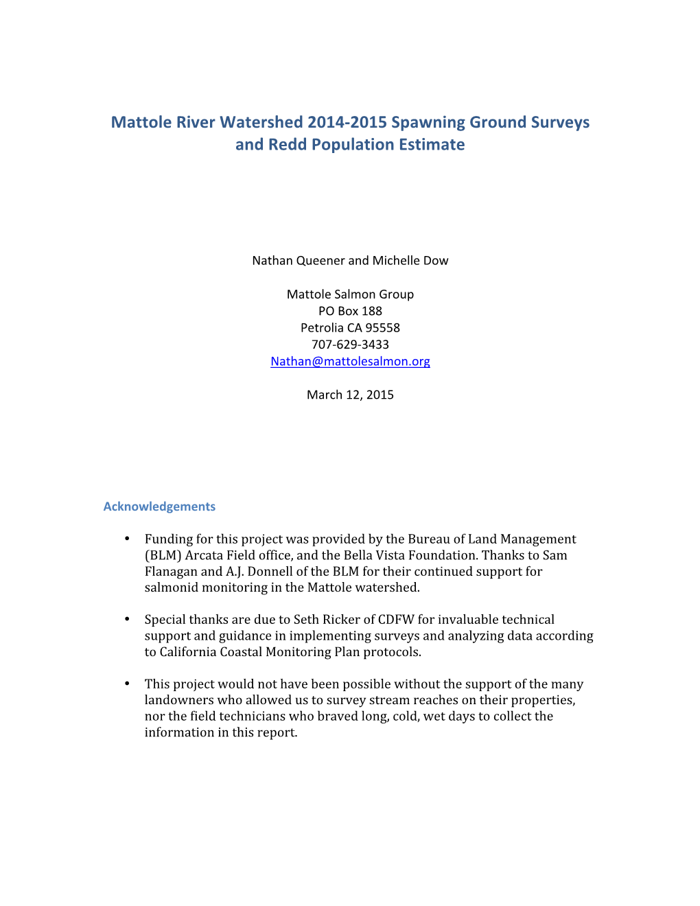 Mattole River Watershed 2014-‐2015 Spawning Ground Surveys And