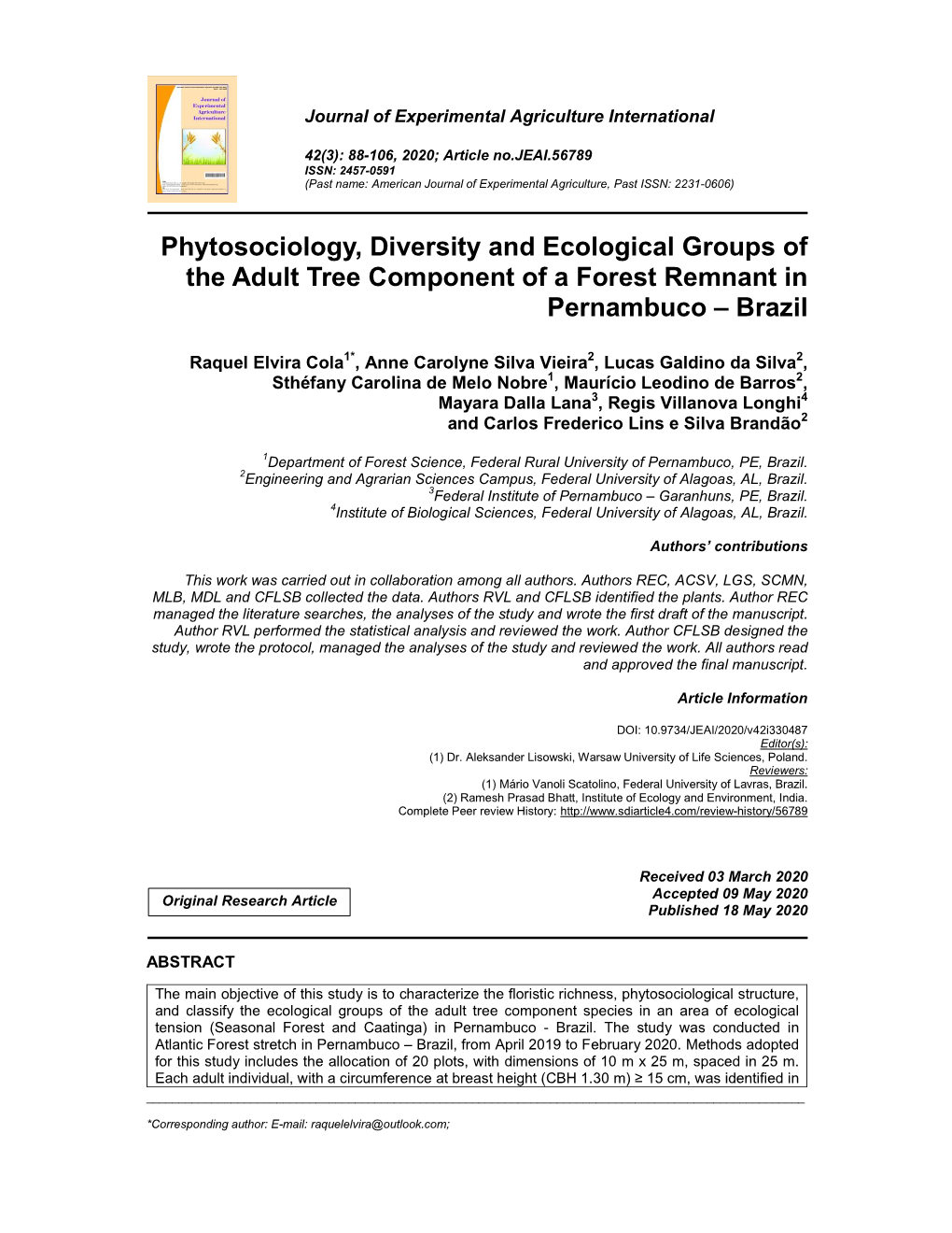 Phytosociology, Diversity and Ecological Groups of the Adult Tree Component of a Forest Remnant in Pernambuco – Brazil