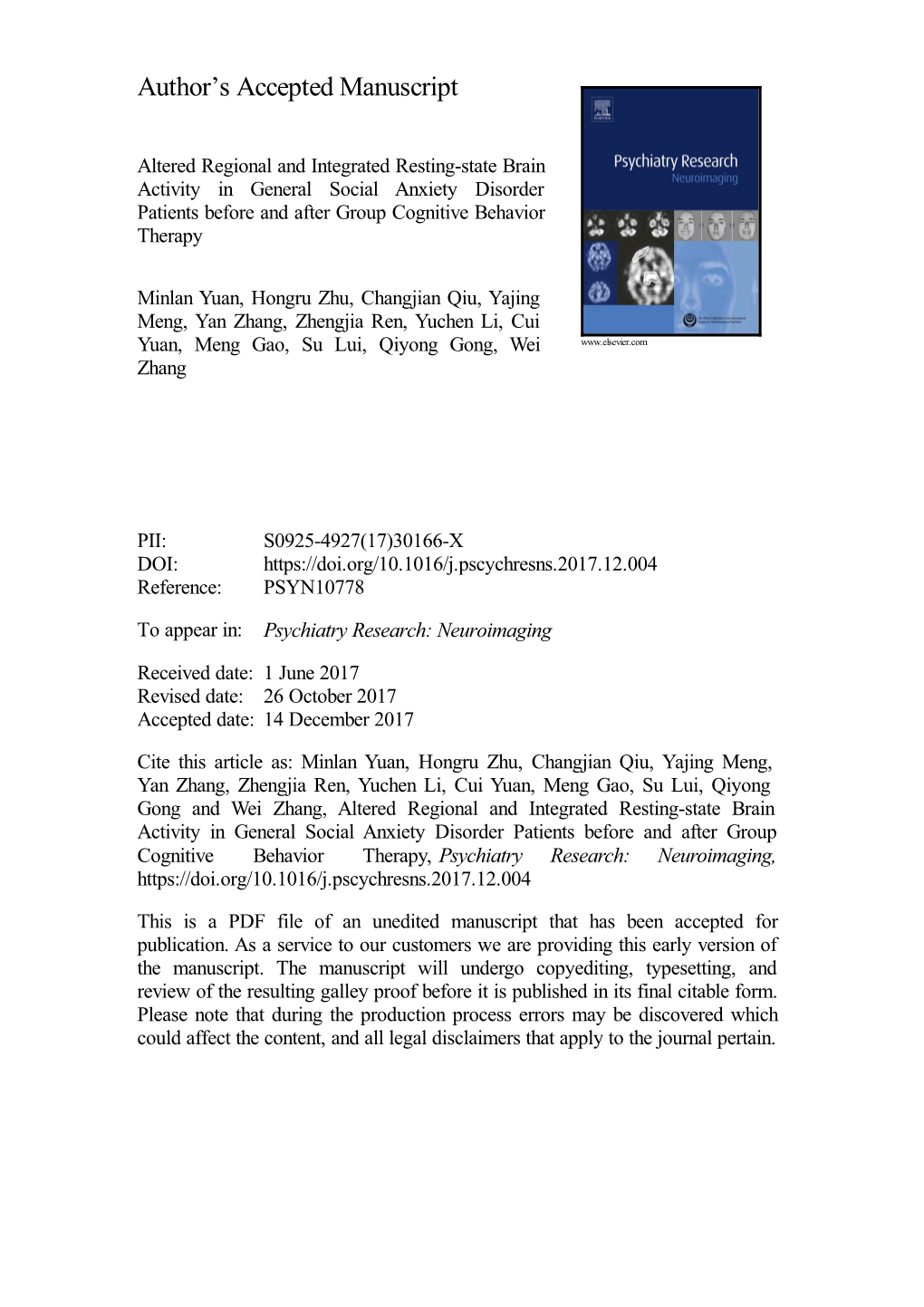 Altered Regional and Integrated Resting-State Brain Activity in General Social Anxiety Disorder Patients Before and After Group Cognitive Behavior Therapy