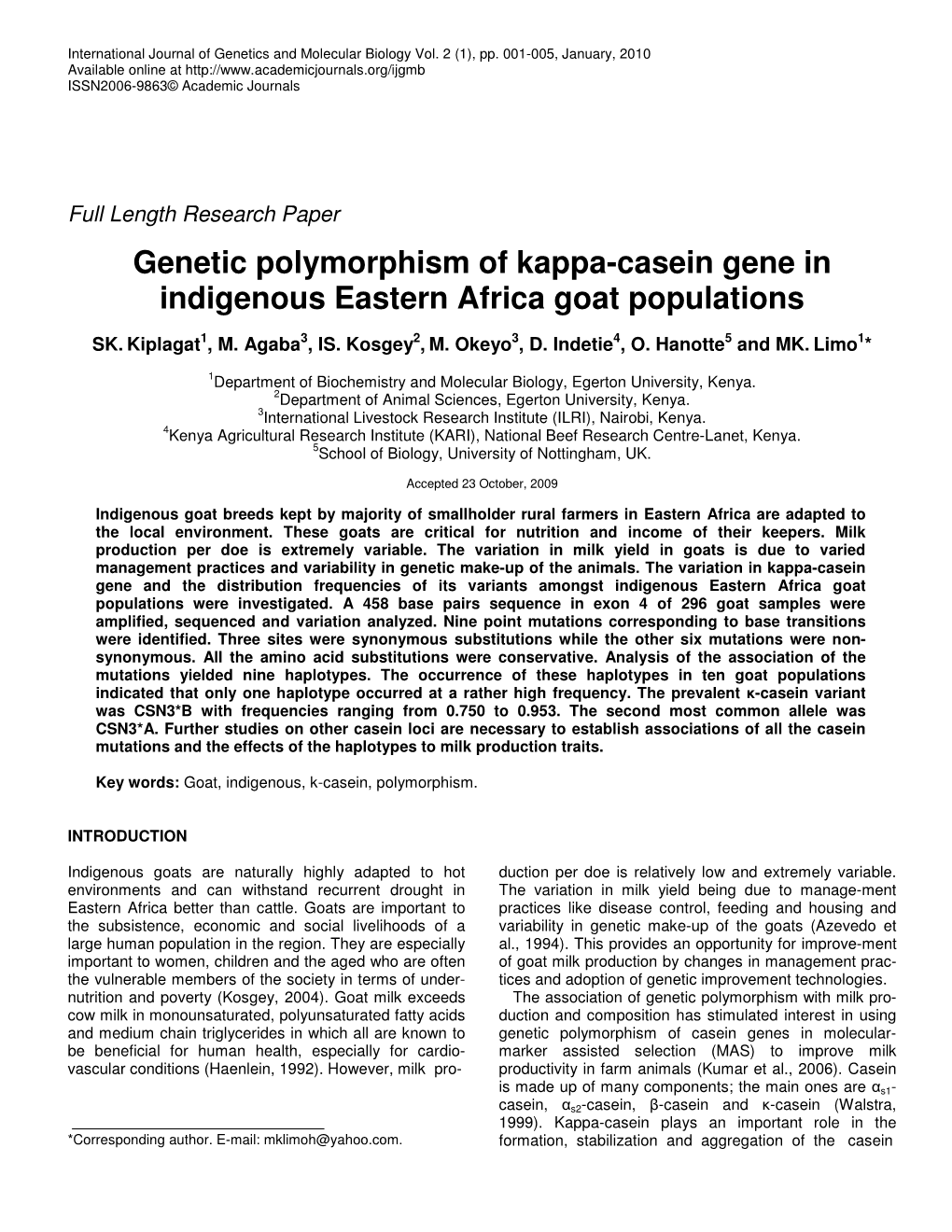 Genetic Polymorphism of Kappa-Casein Gene in Indigenous Eastern Africa Goat Populations