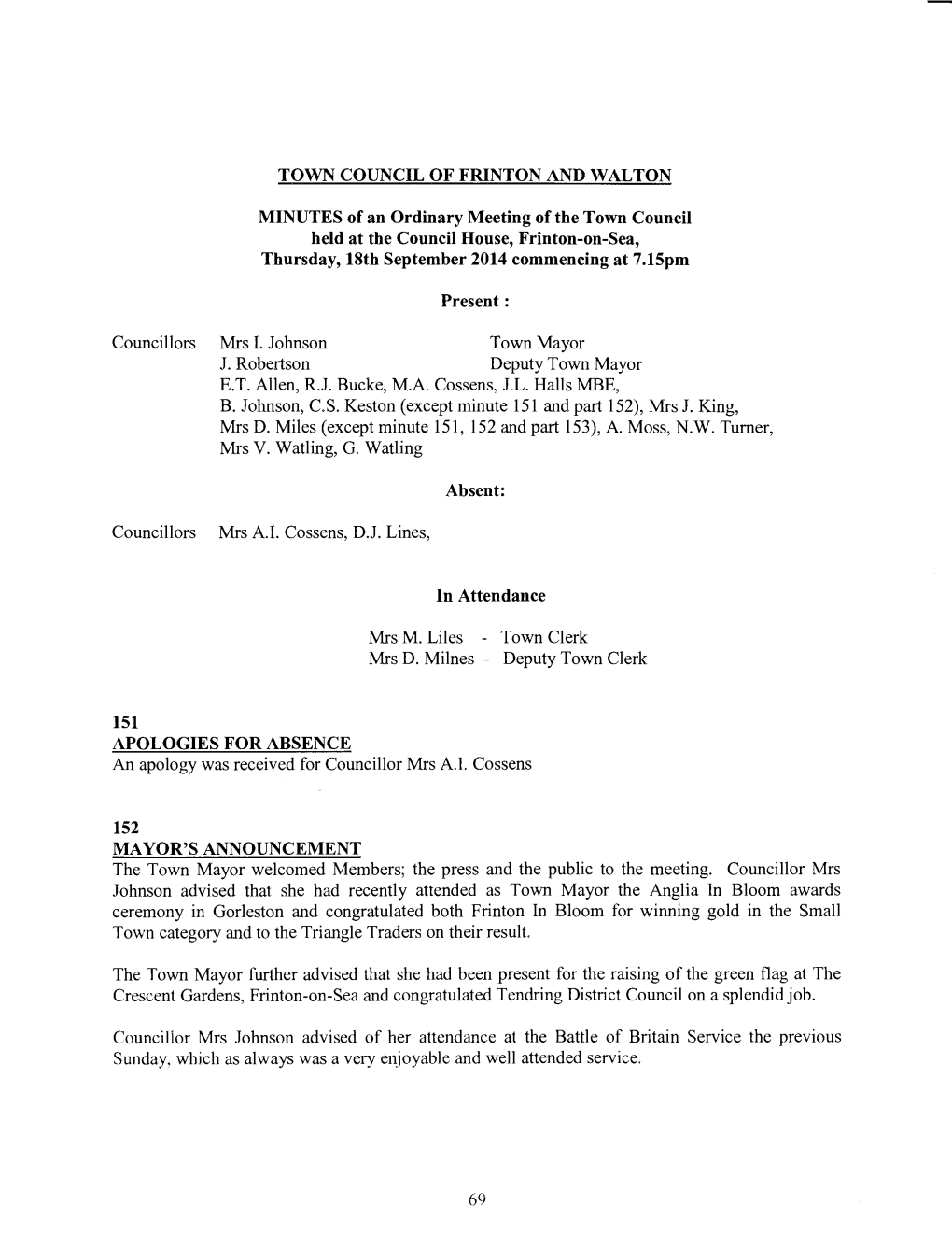 TOWN COUNCIL of FRINTON and WALTON MINUTES of an Ordinary