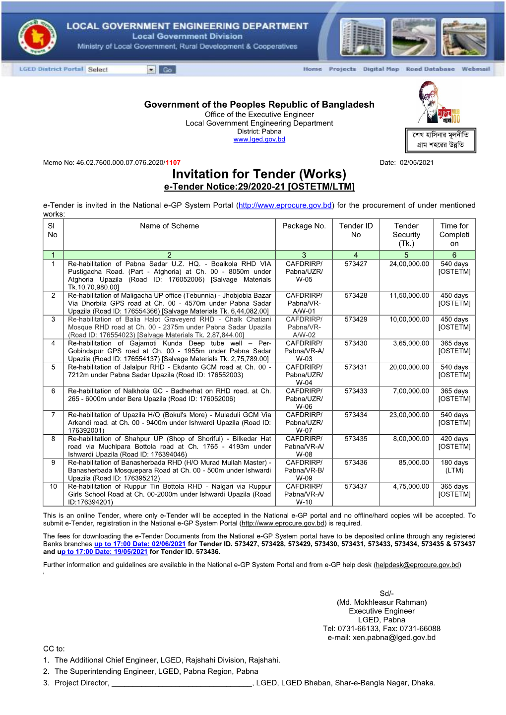 Office of the Executive Engineer Local Government Engineering Department District: Pabna ‡Kl Nvwmbvi G~Jbxwz Mövg Kn‡Ii Dbœwz