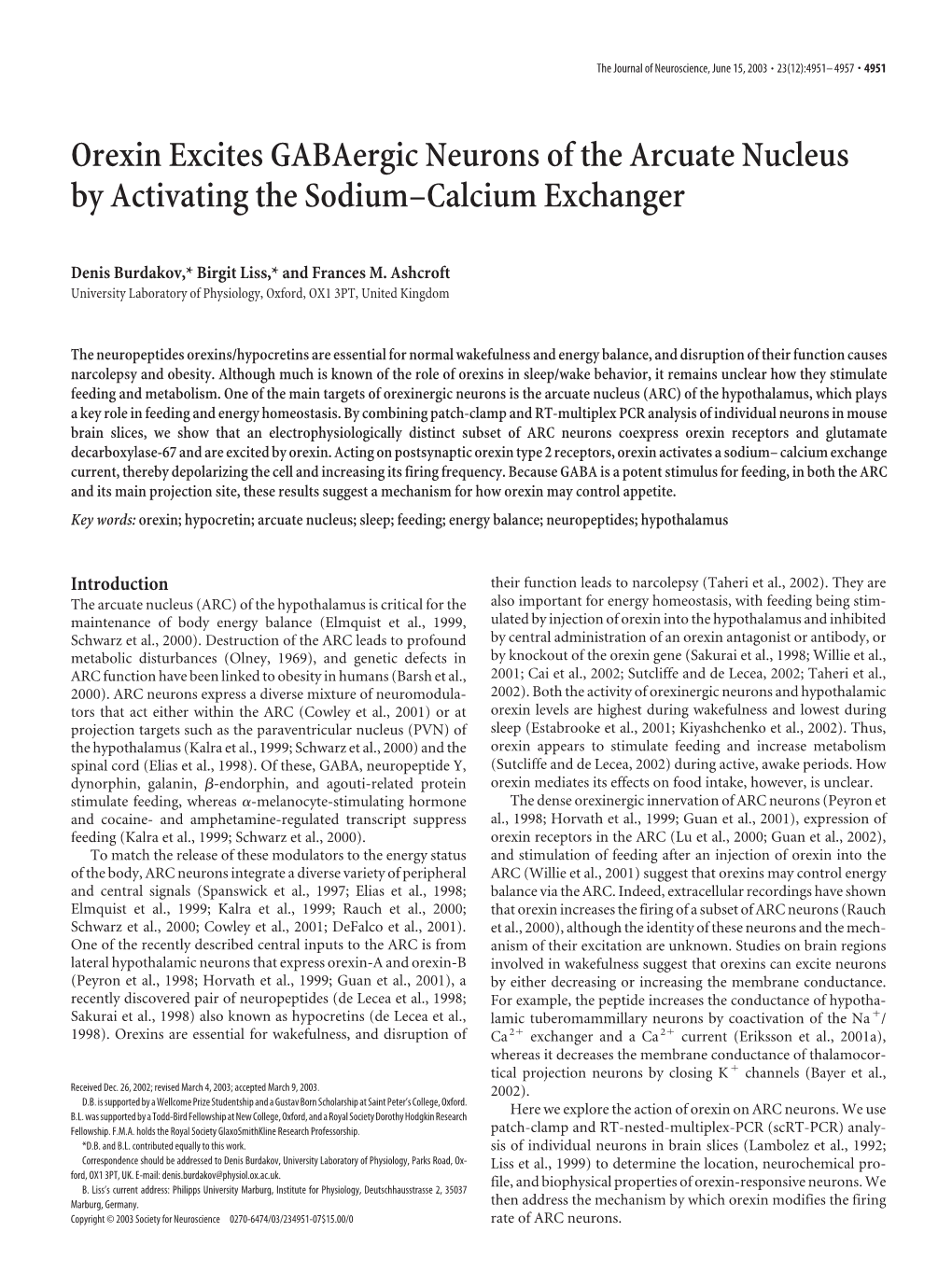 Orexin Excites Gabaergic Neurons of the Arcuate Nucleus by Activating the Sodium–Calcium Exchanger