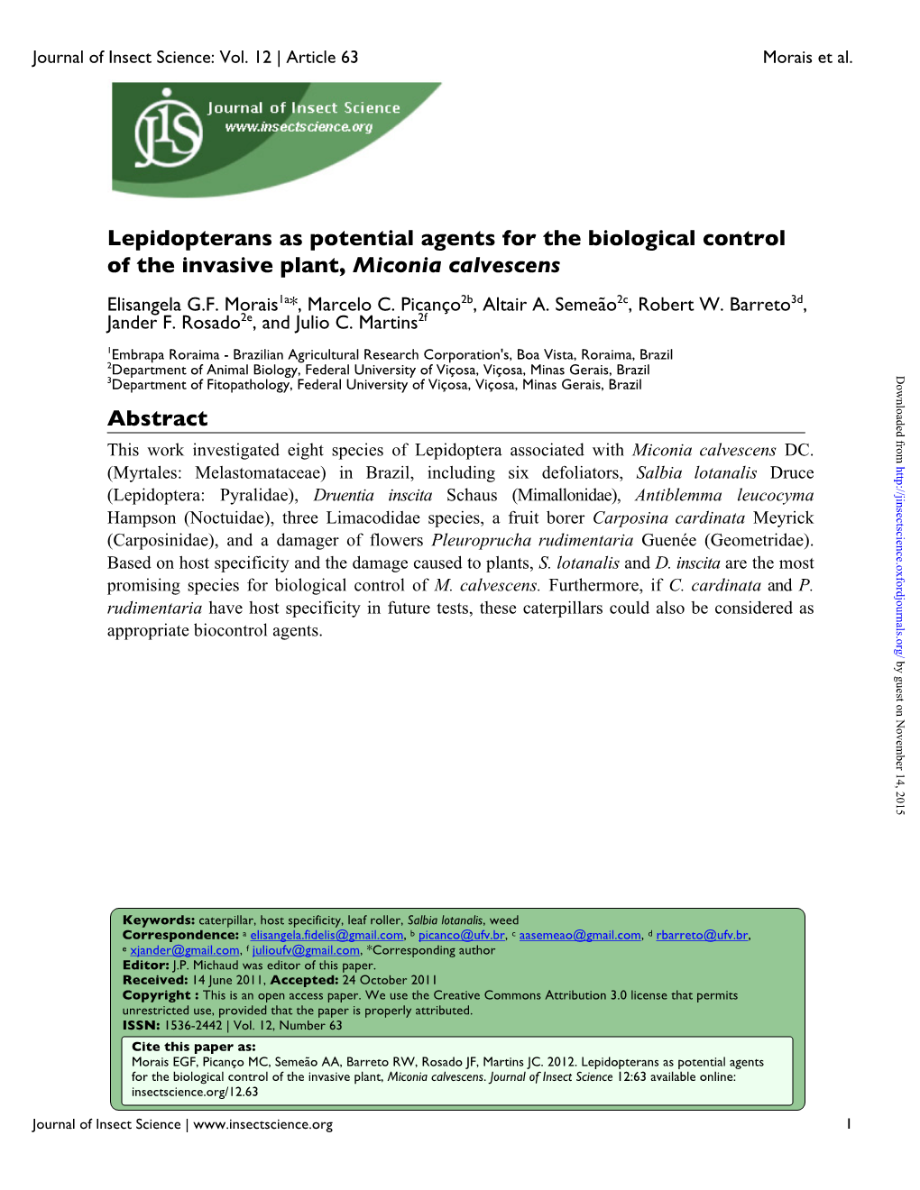 Lepidopterans As Potential Agents for the Biological Control of the Invasive Plant, Miconia Calvescens Abstract