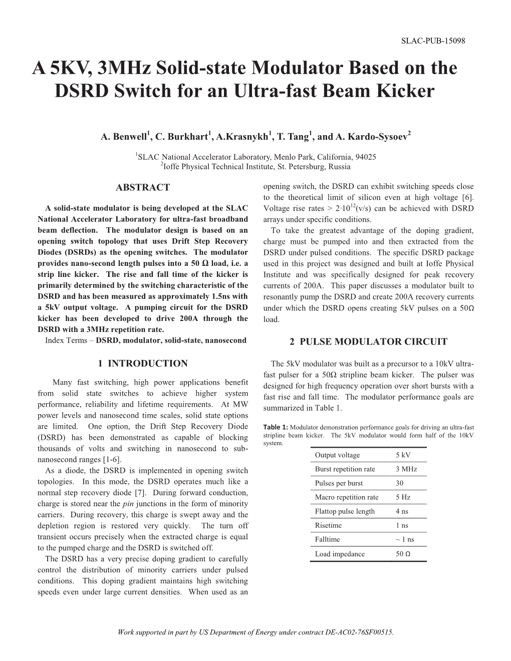 A 5KV, 3Mhz Solid-State Modulator Based on the DSRD Switch for an Ultra-Fast Beam Kicker