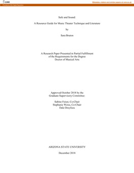 A Resource Guide for Music Theater Technique and Literature by Sara Bruton a Research Paper Presented in Parti