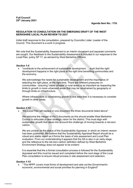 Full Council 25Th January 2021 Agenda Item No.: 17Iii REGULATION 18 CONSULTATION on the EMERGING DRAFT of the WEST BERKSHIRE