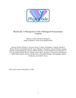 Phylocode: a Phylogenetic Code of Biological Nomenclature Version 2A
