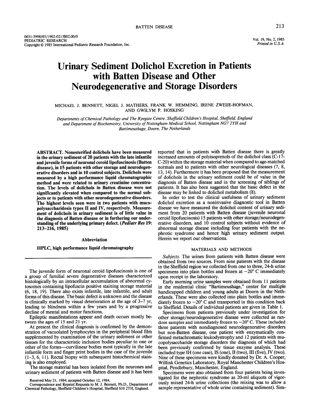 Urinary Sediment Dolichol Excretion in Patients with Batten Disease and Other Neurodegenerative and Storage Disorders