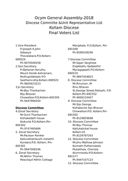 Ocym General Assembly-2018 Kollam Diocese Final Voters List