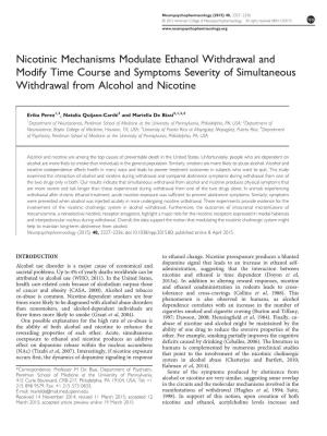 Nicotinic Mechanisms Modulate Ethanol Withdrawal and Modify Time Course and Symptoms Severity of Simultaneous Withdrawal from Alcohol and Nicotine