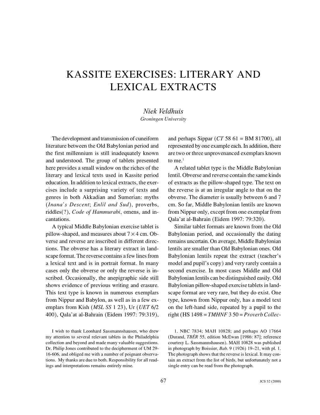 Kassite Exercises: Literary and Lexical Extracts