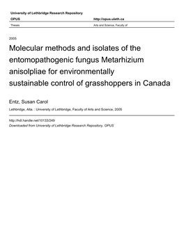 Molecular Methods and Isolates of the Entomopathogenic Fungus Metarhizium Anisolpliae for Environmentally Sustainable Control of Grasshoppers in Canada