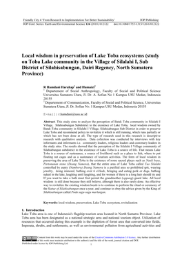 Local Wisdom in Preservation of Lake Toba Ecosystems (Study On