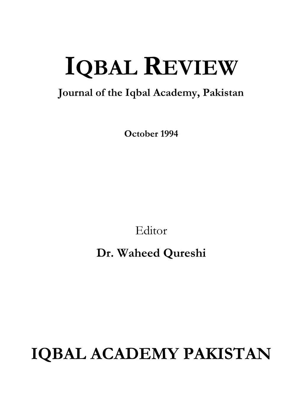 IQBAL REVIEW Journal of the Iqbal Academy, Pakistan