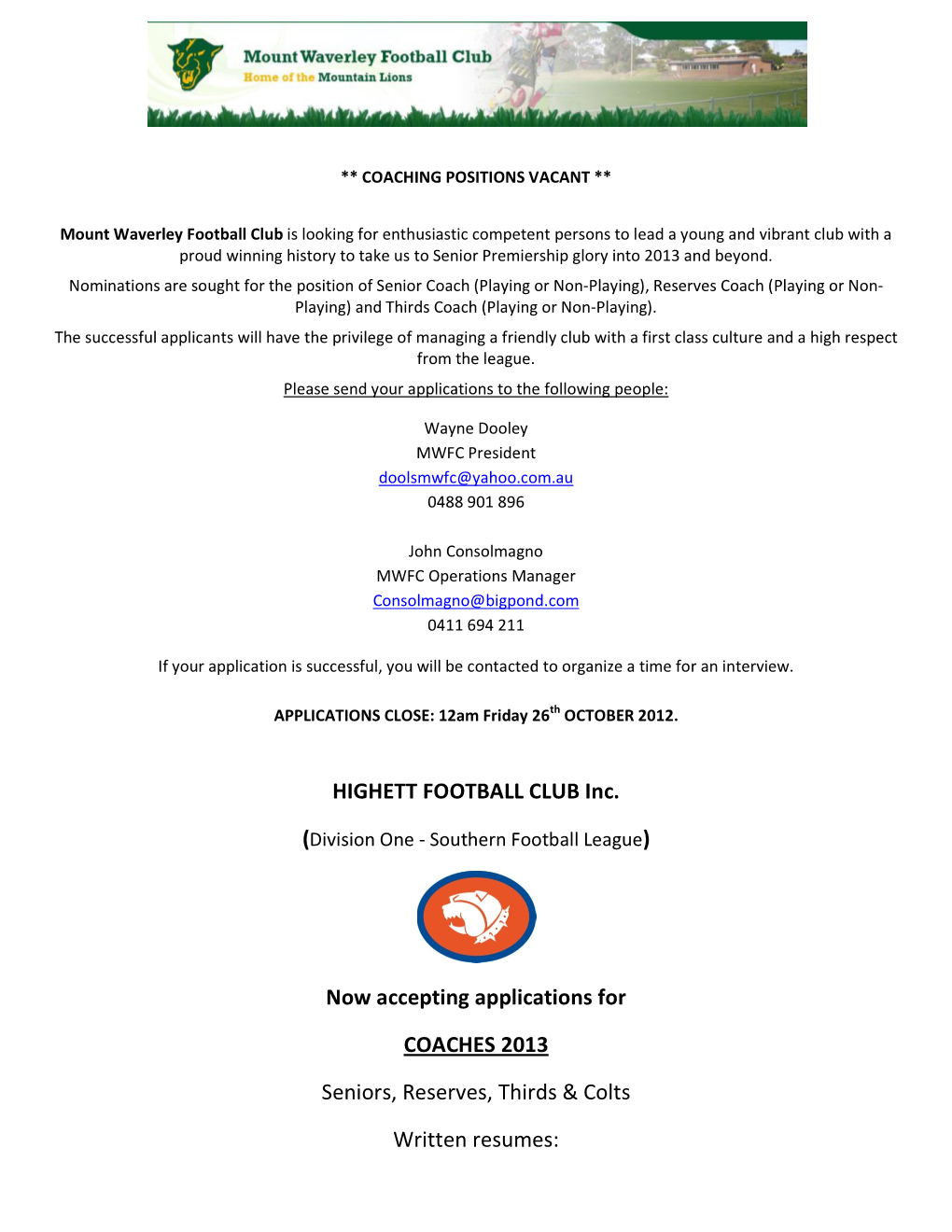 HIGHETT FOOTBALL CLUB Inc. Now Accepting Applications For